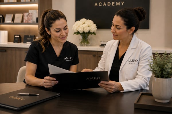 Licensed nurse receiving educational guidance at AMEQ Academy after injectable training completion
