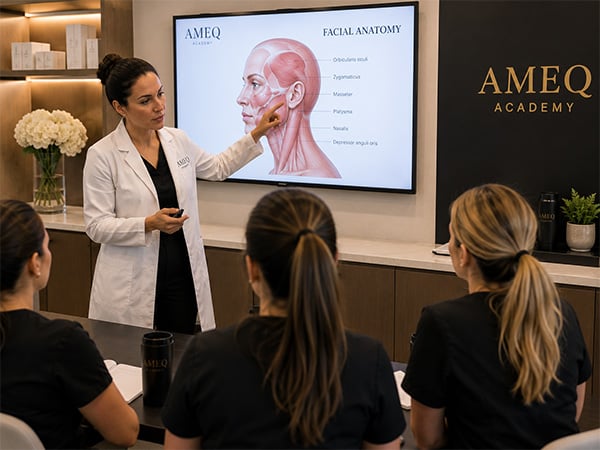 Physician instructor leading injectable training for nurses at AMEQ Academy in Montreal