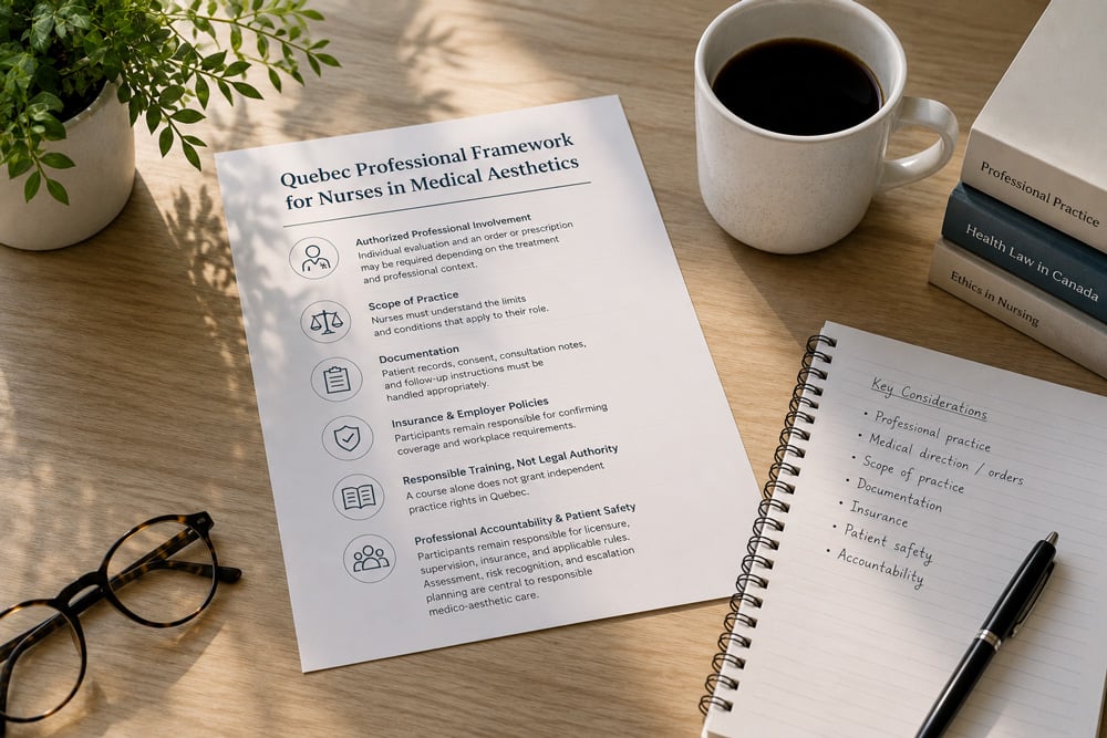 Professional practice framework notes for nurses in Quebec medical aesthetics training
