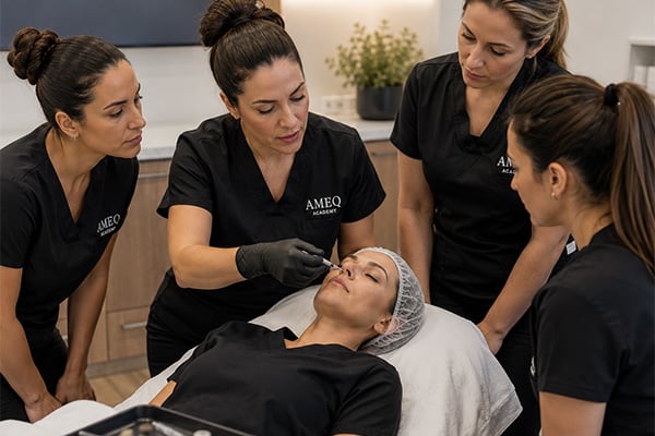 Small group of licensed nurses participating in supervised injectable training at AMEQ Academy in Montreal