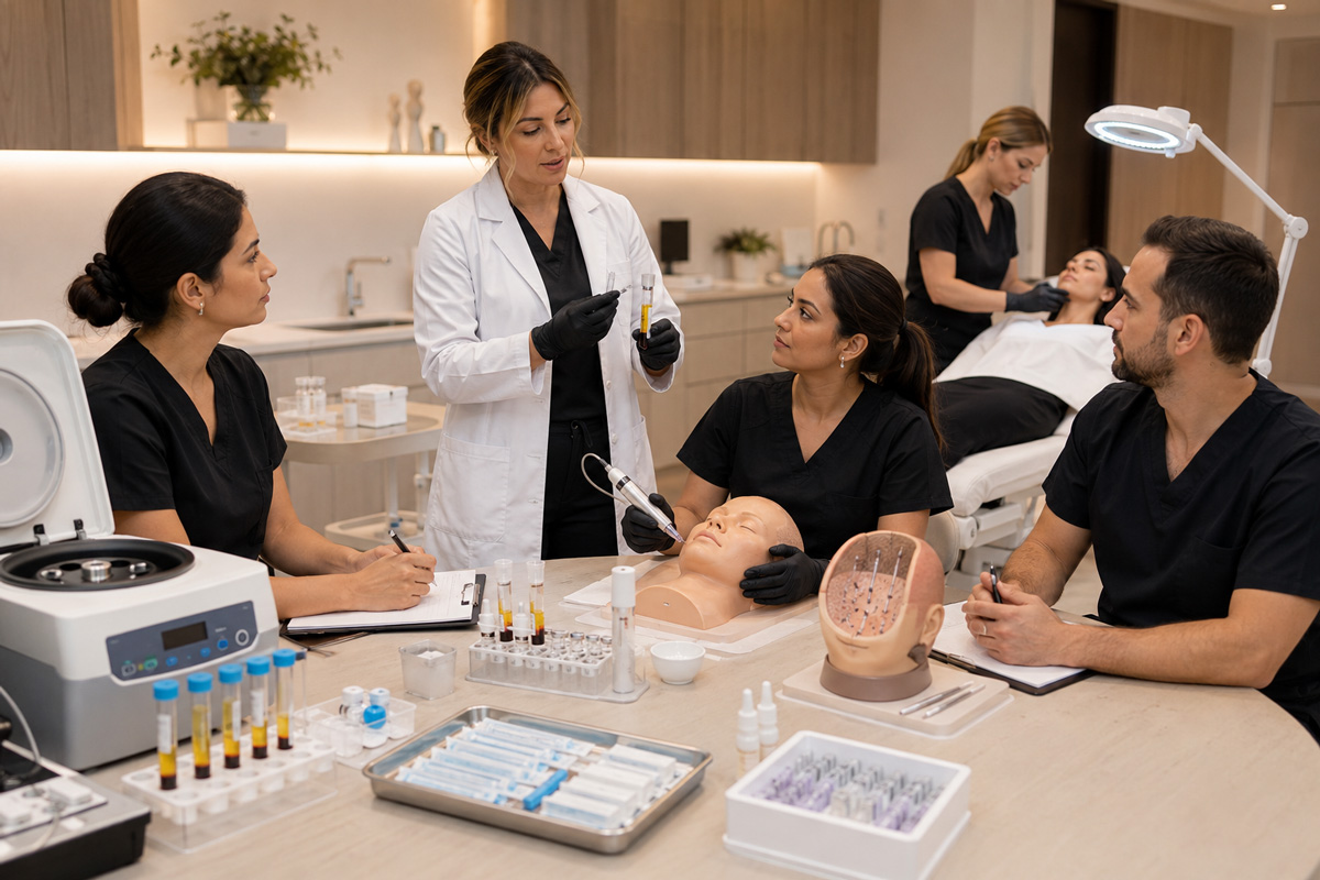 Professionnels de la santé apprenant les techniques de préparation du PRP, de microneedling et de restauration capillaire lors de la formation pratique de l’AMEQ Académie à Montréal et à Saint-Sauveur, au Québec.