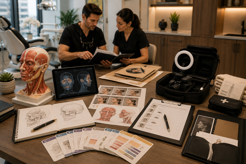 Dentists reviewing facial anatomy, pharmacology, documentation, and safety course materials