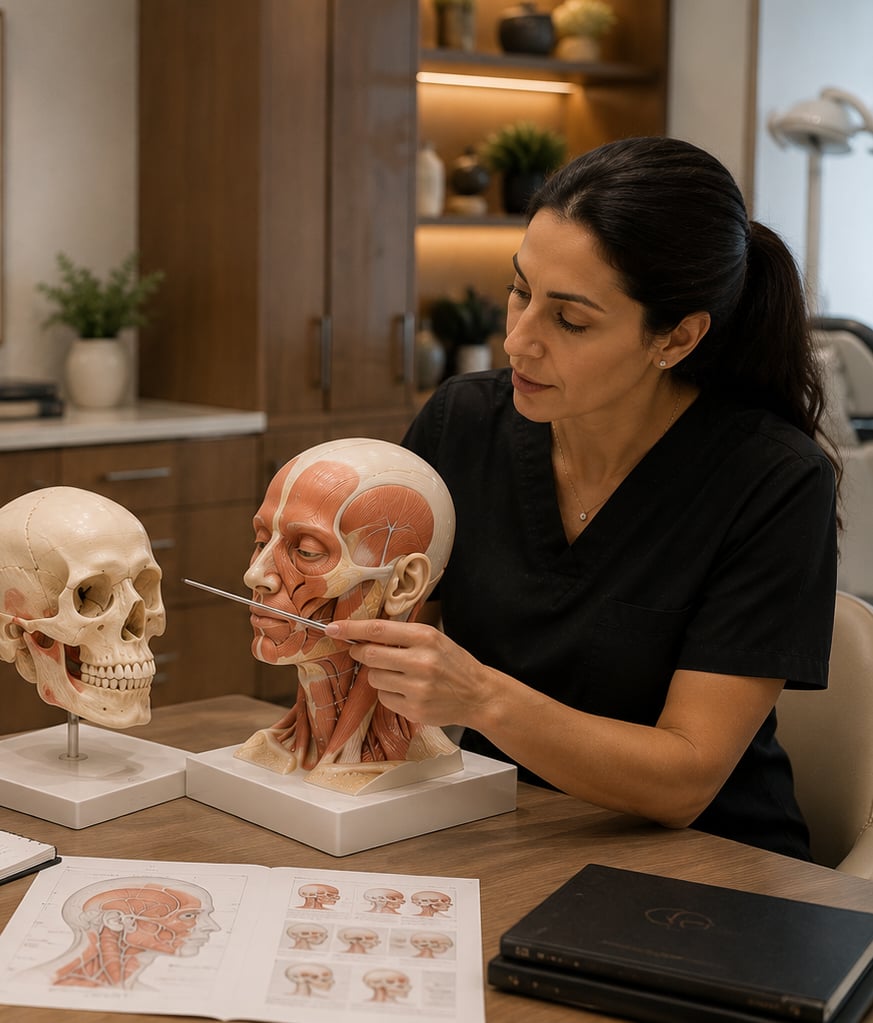 Dentist connecting head and neck anatomy knowledge with facial assessment education