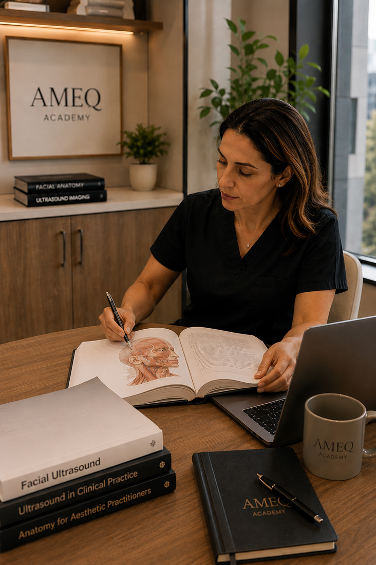 Healthcare professional reviewing facial ultrasound and anatomy materials within Quebec’s professional practice framework
