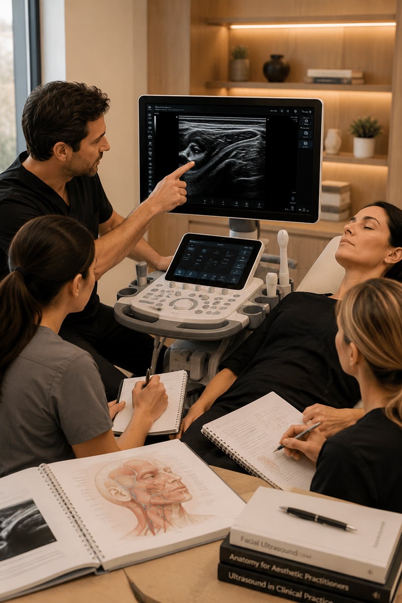 Practitioner performing non-invasive ultrasound scanning of the lower face