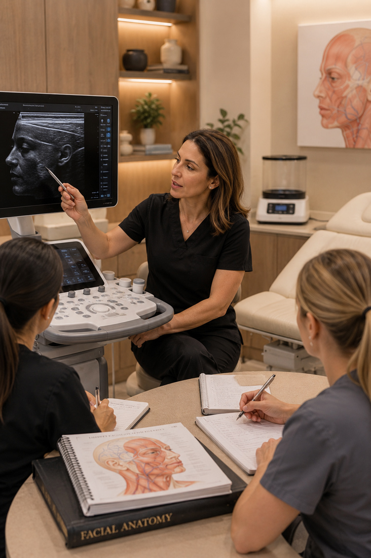 Small group of healthcare professionals learning facial ultrasound scanning