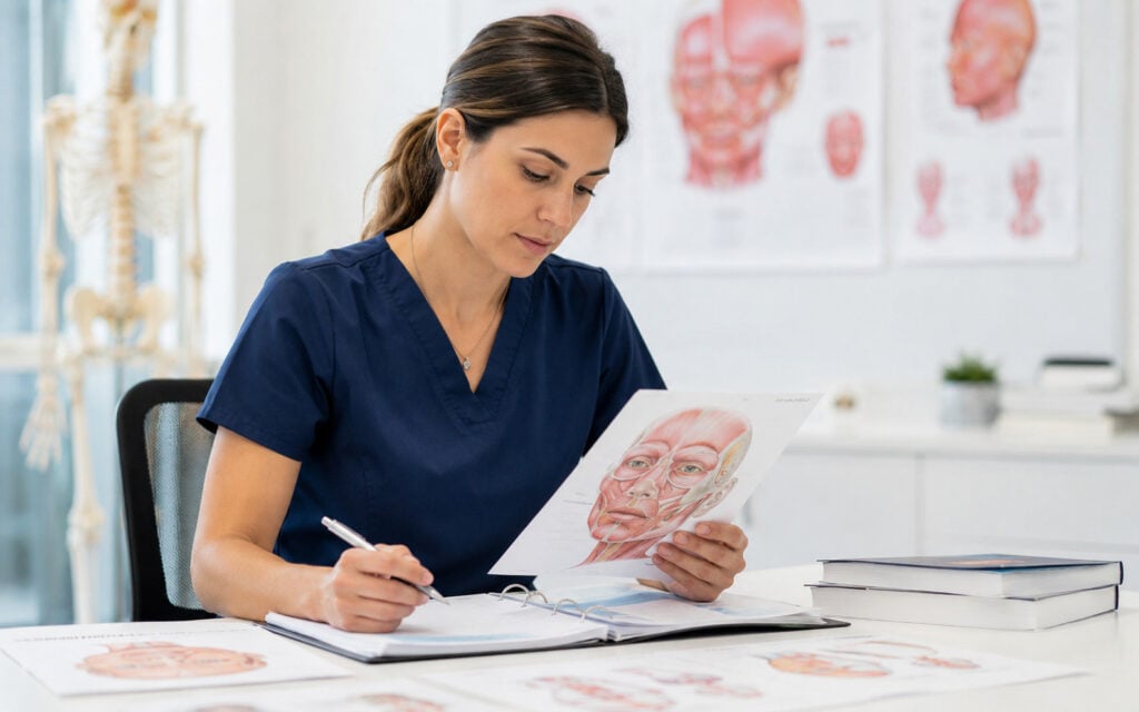 Nurses in Aesthetic Medicine in Quebec: CMQ and OIIQ Guidelines, Professional Obligations, and Career Opportunities Quebec nurse studying facial anatomy and professional guidance for aesthetic medicine