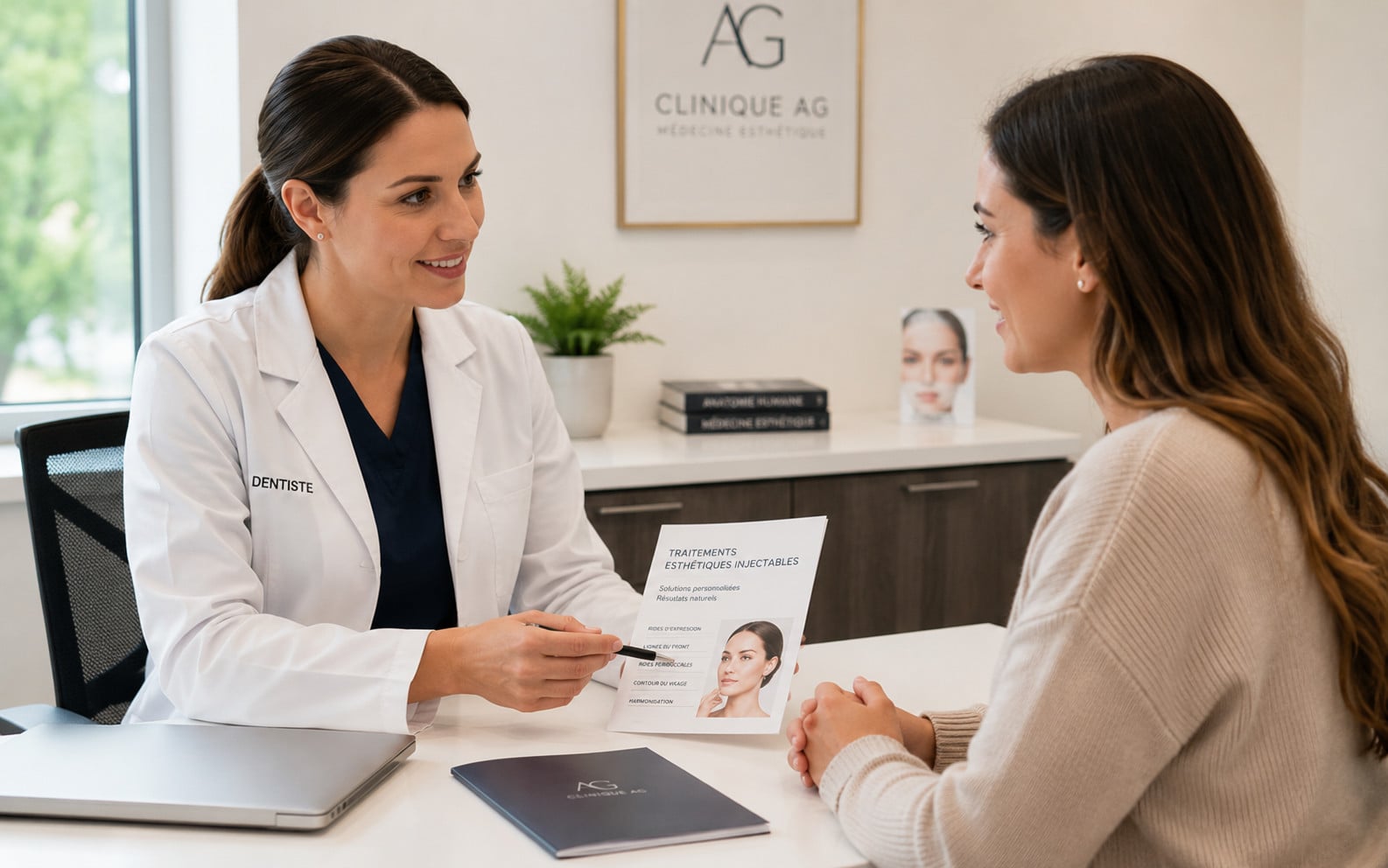 Quebec dentist consulting with patient about aesthetic injectable treatment options in a professional clinical setting