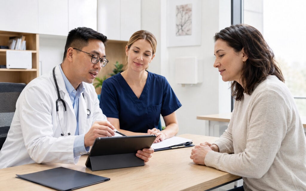 Nurses in Aesthetic Medicine in Quebec: CMQ and OIIQ Guidelines, Professional Obligations, and Career Opportunities Physician nurse and patient reviewing an aesthetic medicine assessment and treatment plan in Quebec