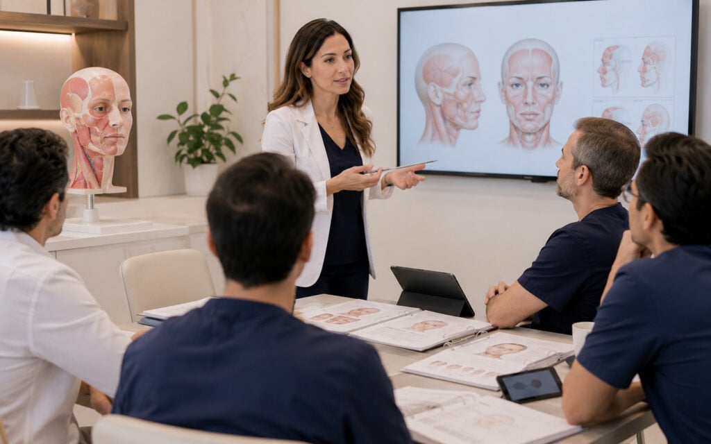Dr. Angelina Guzzo teaching Quebec physicians in an aesthetic medicine education session at AMEQ Academy
