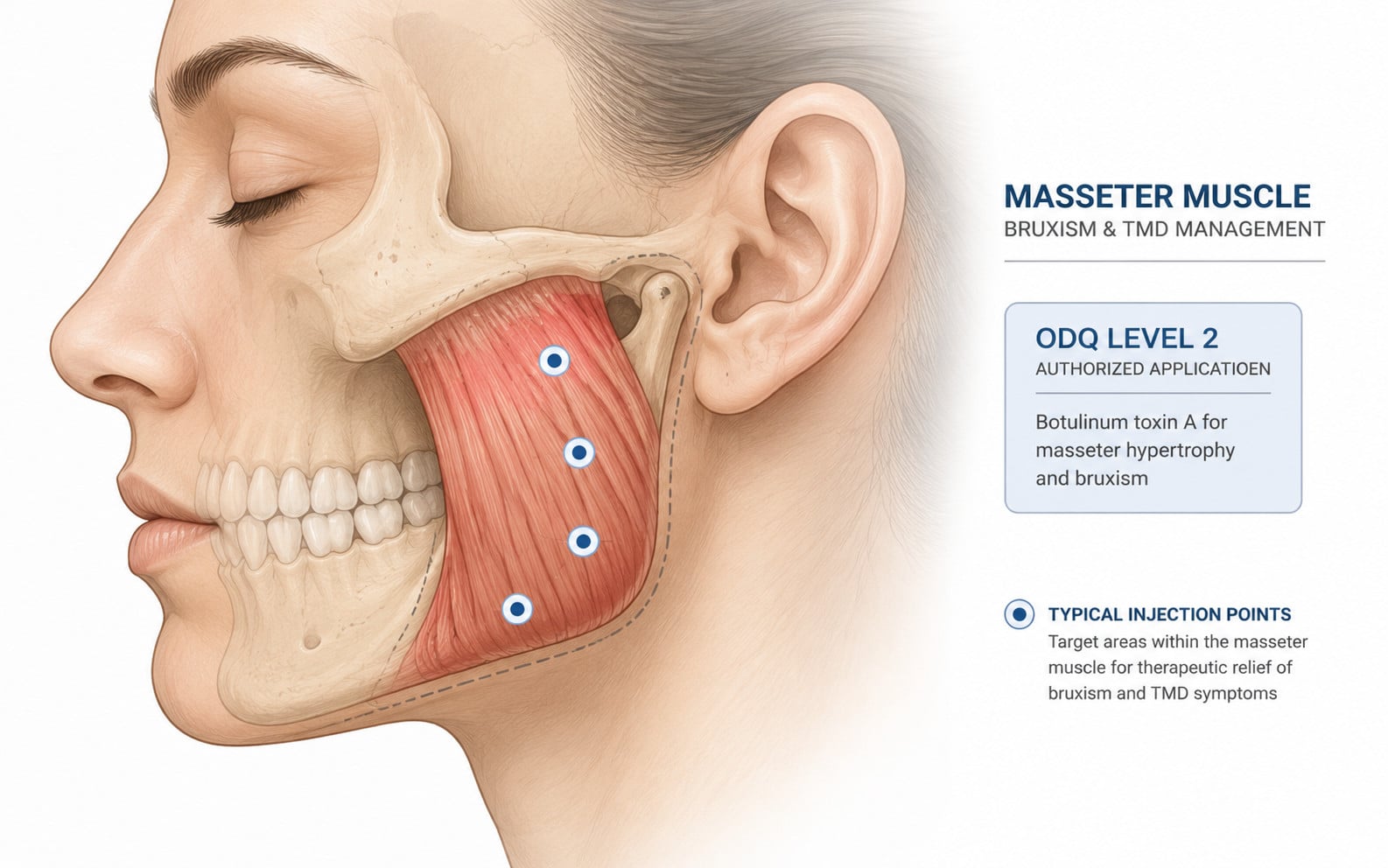 Illustration of masseter muscle injection sites for bruxism treatment authorized under ODQ Level 2 for Quebec dentists