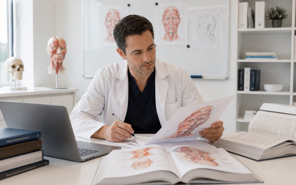 Quebec physician studying facial anatomy and CMQ professional guidance for aesthetic medicine
