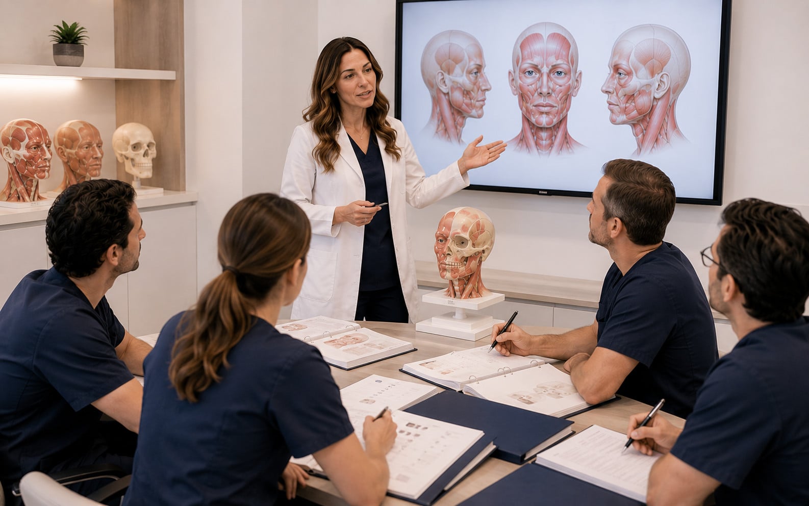 Dre Angelina Guzzo enseignant à un petit groupe de dentistes du Québec pendant une formation supervisée en médecine esthétique à Montréal