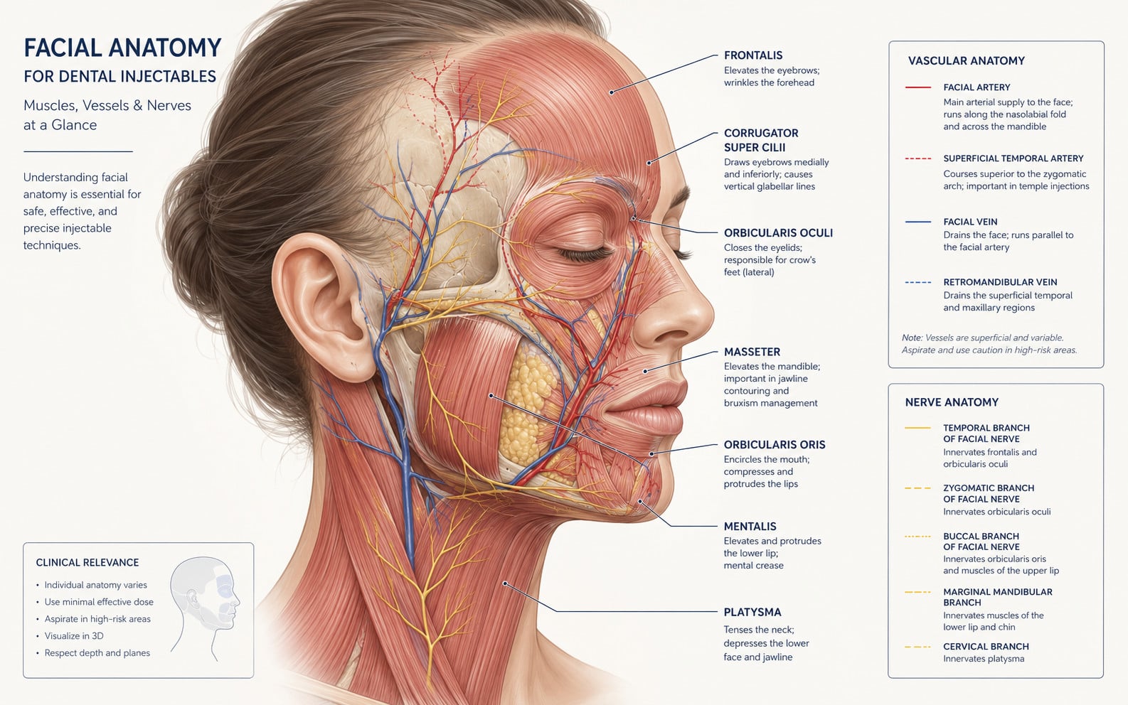 Facial anatomy diagram used in AMEQ Academy dentist injectable training for Quebec