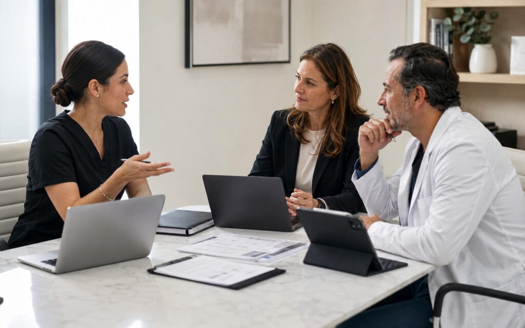 Nurses in Aesthetic Medicine in Quebec: CMQ and OIIQ Guidelines, Professional Obligations, and Career Opportunities Quebec nurse discussing employment contractor and clinic collaboration models with healthcare colleagues