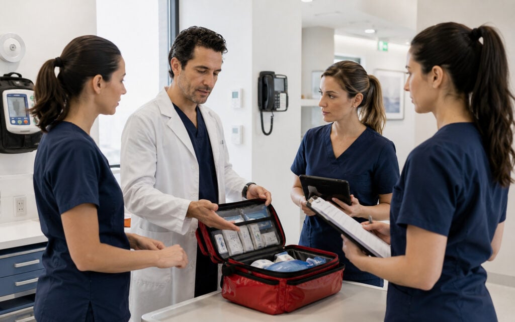 Physician and clinic team checking emergency readiness and the 15-minute response plan for aesthetic medicine