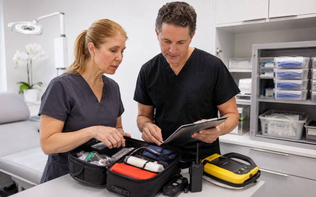 Nurses in Aesthetic Medicine in Quebec: CMQ and OIIQ Guidelines, Professional Obligations, and Career Opportunities Aesthetic clinic team checking emergency readiness and physician availability procedures in Quebec
