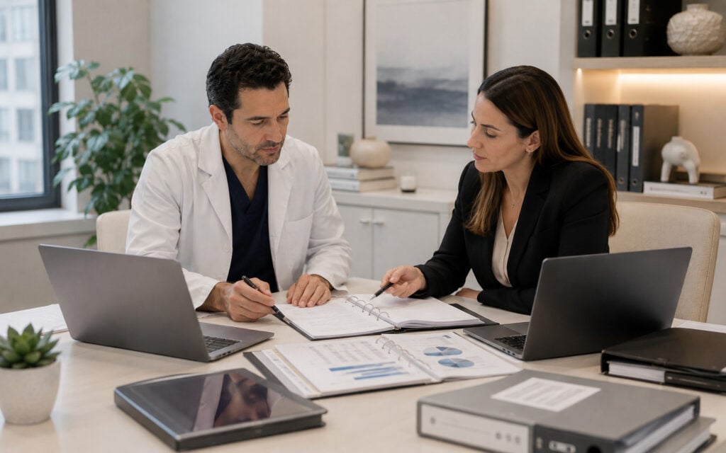 Quebec physician reviewing clinic agreements billing records privacy and professional governance