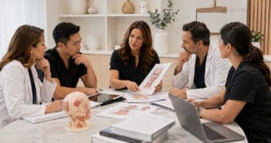 Quebec physicians reviewing CMQ aesthetic medicine requirements and clinical planning documents in a physician-led education setting