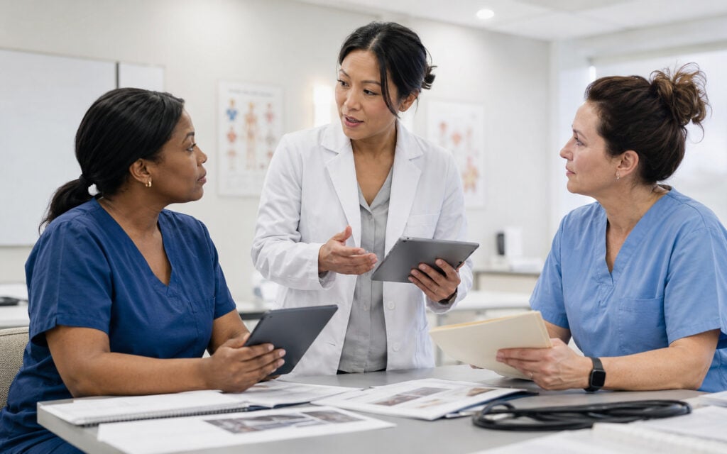 Nurses in Aesthetic Medicine in Quebec: CMQ and OIIQ Guidelines, Professional Obligations, and Career Opportunities Healthcare professionals discussing Quebec aesthetic medicine roles and interprofessional responsibilities
