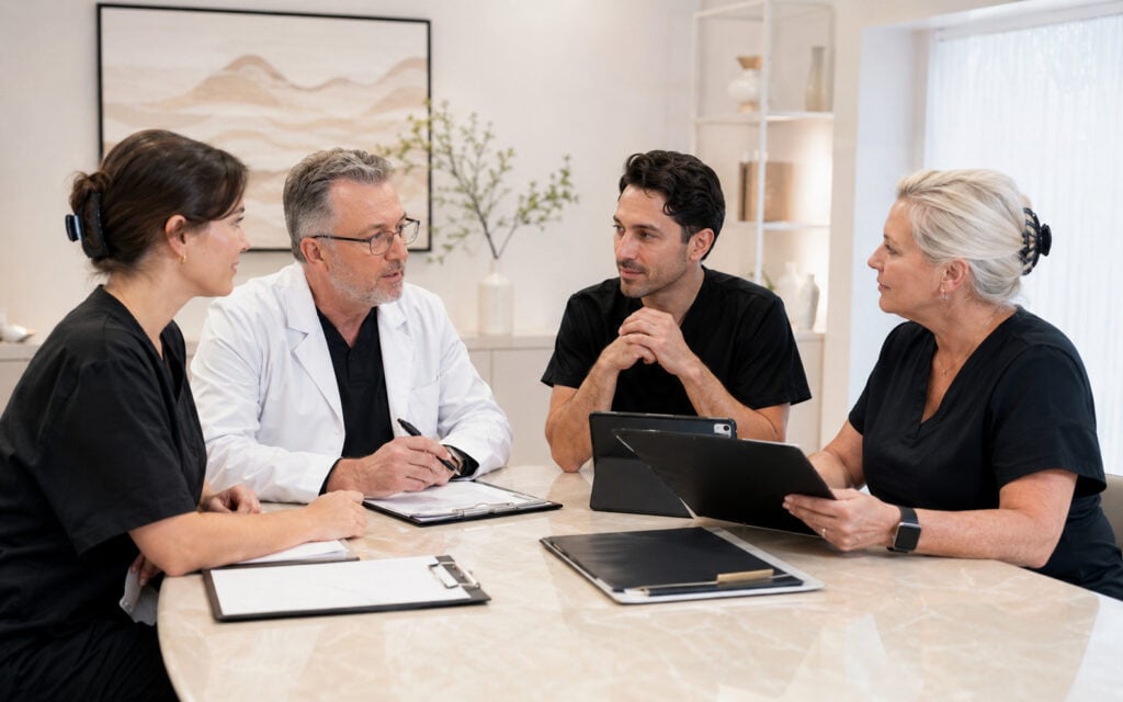 Nurses in Aesthetic Medicine in Quebec: CMQ and OIIQ Guidelines, Professional Obligations, and Career Opportunities Registered nurse nurse practitioner and auxiliary nurse discussing aesthetic medicine responsibilities in Quebec