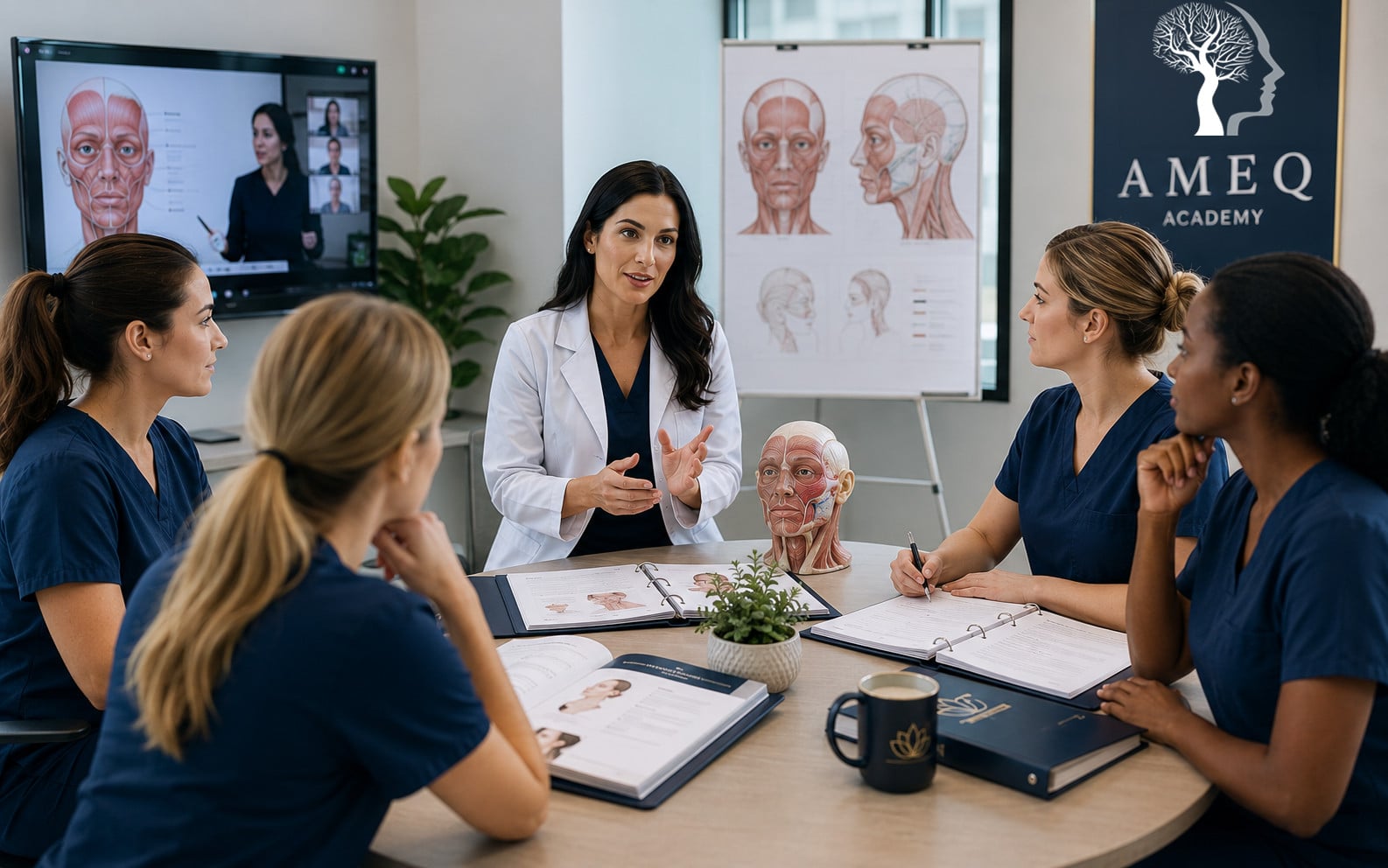 Physician educator leading a small-group AMEQ nurse training session with facial anatomy references and professional education materials