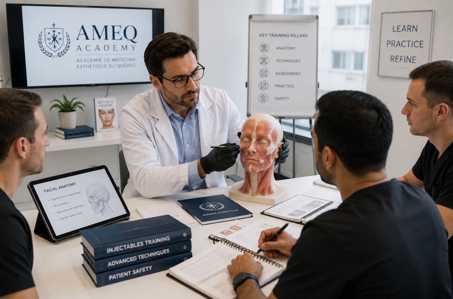Physician educator leading a small-group aesthetic medicine training session with doctors and facial anatomy learning materials