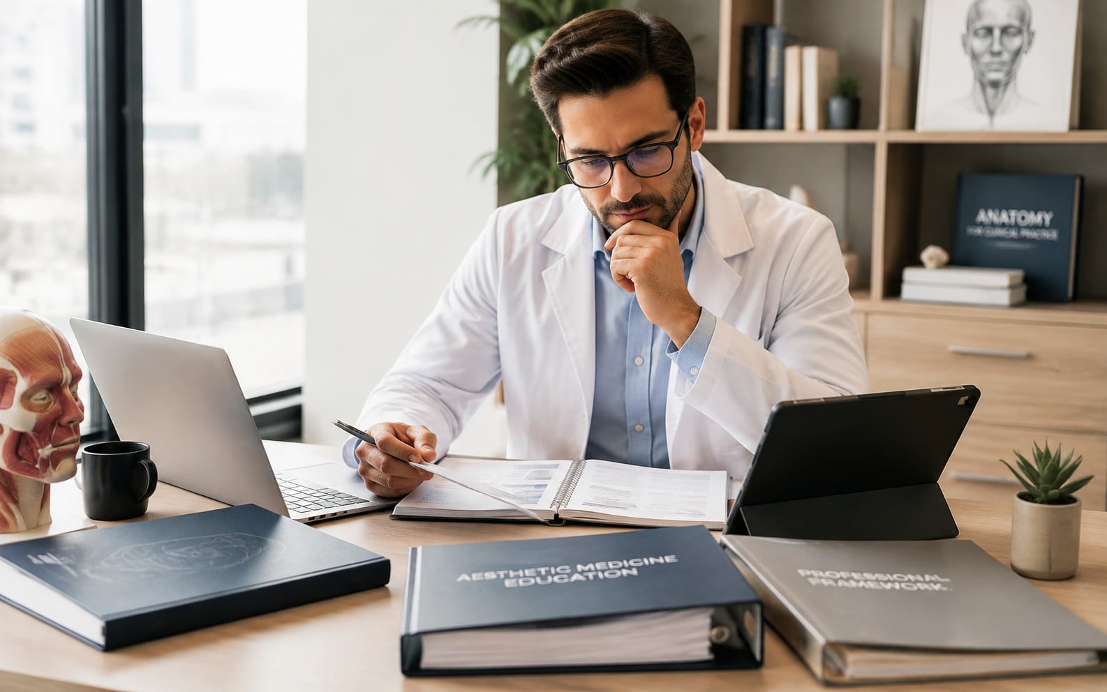 Physician reviewing aesthetic medicine training options in Quebec with CMQ professional framework considerations