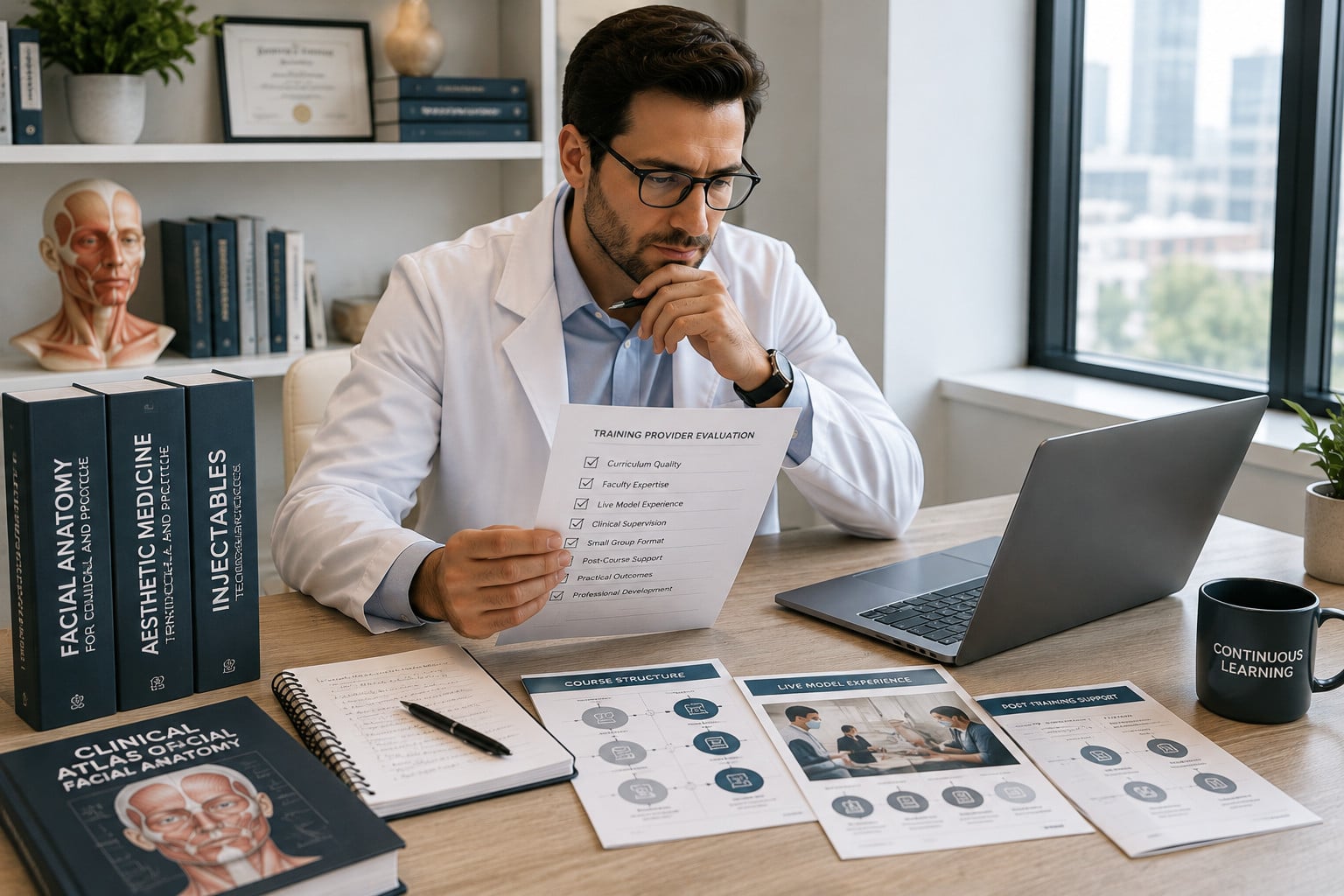 Quebec physician evaluating aesthetic medicine training providers, curriculum quality and supervised practical learning