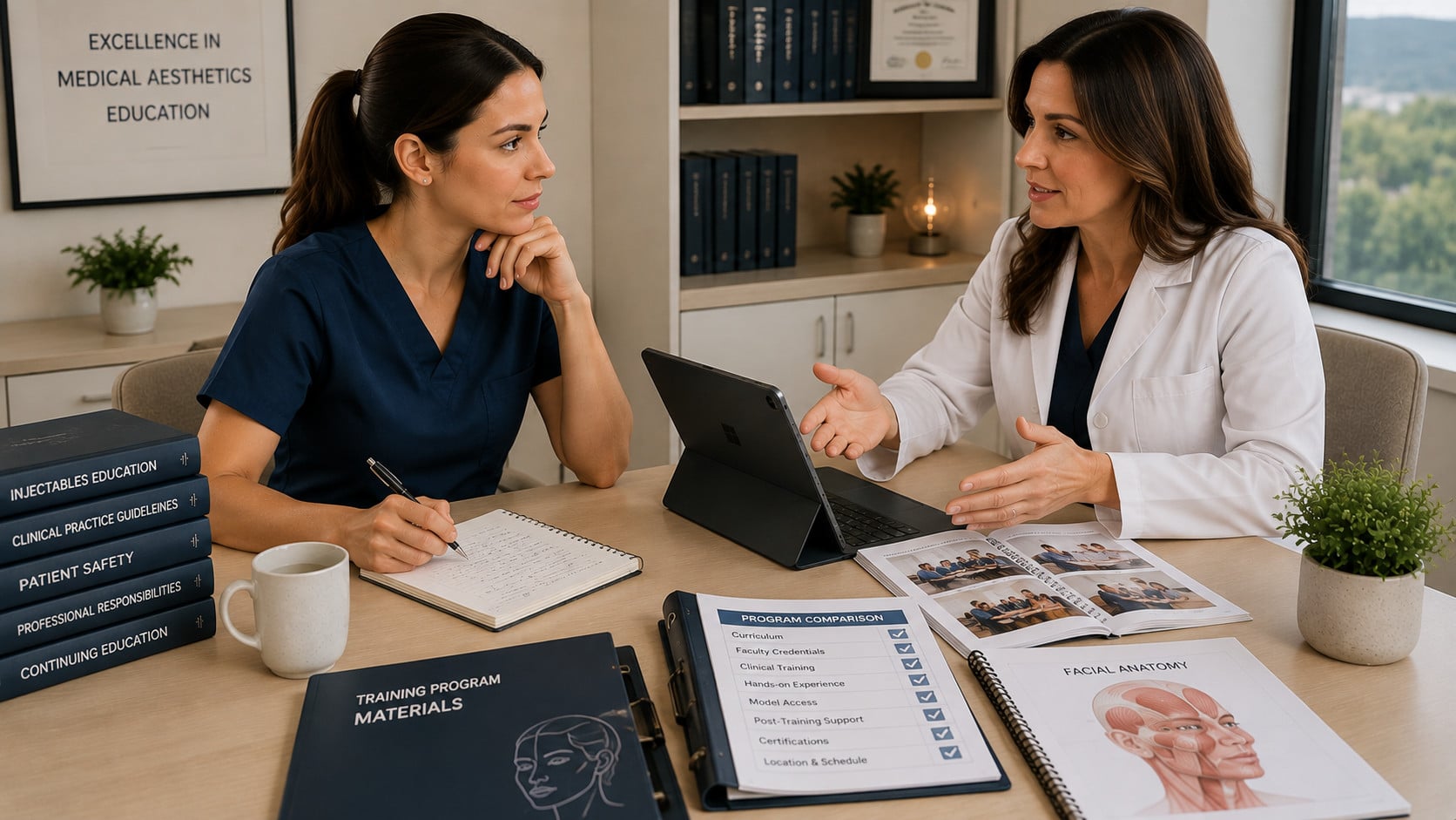 Physician educator teaching a Quebec nurse during professional injectable training in a medical education setting