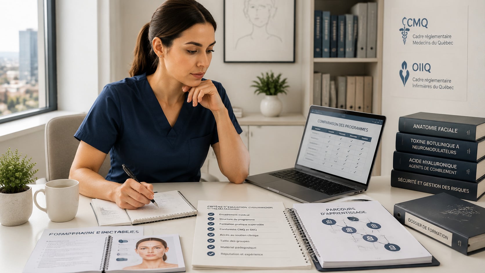 Quebec nurse comparing injectable training programs and professional education criteria in a clinical learning environment