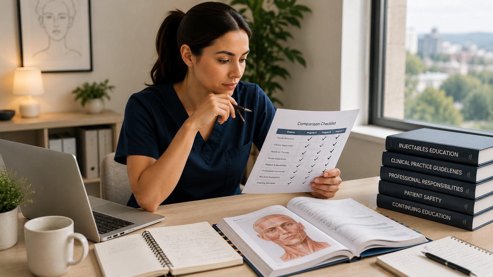 Quebec nurse reviewing injectable training criteria, clinical education resources and facial anatomy materials