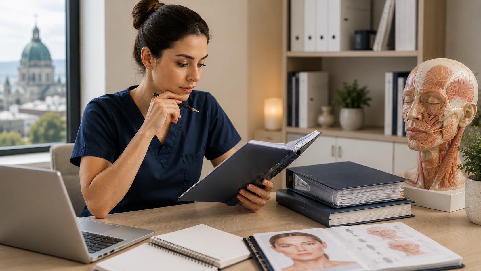 Quebec nurse reviewing professional responsibilities and facial anatomy resources for medical-aesthetic training