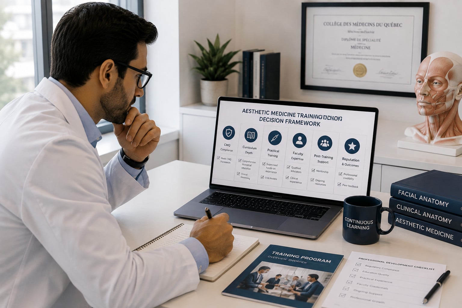 Quebec physician reviewing aesthetic medicine training criteria, professional responsibilities and course-selection factors