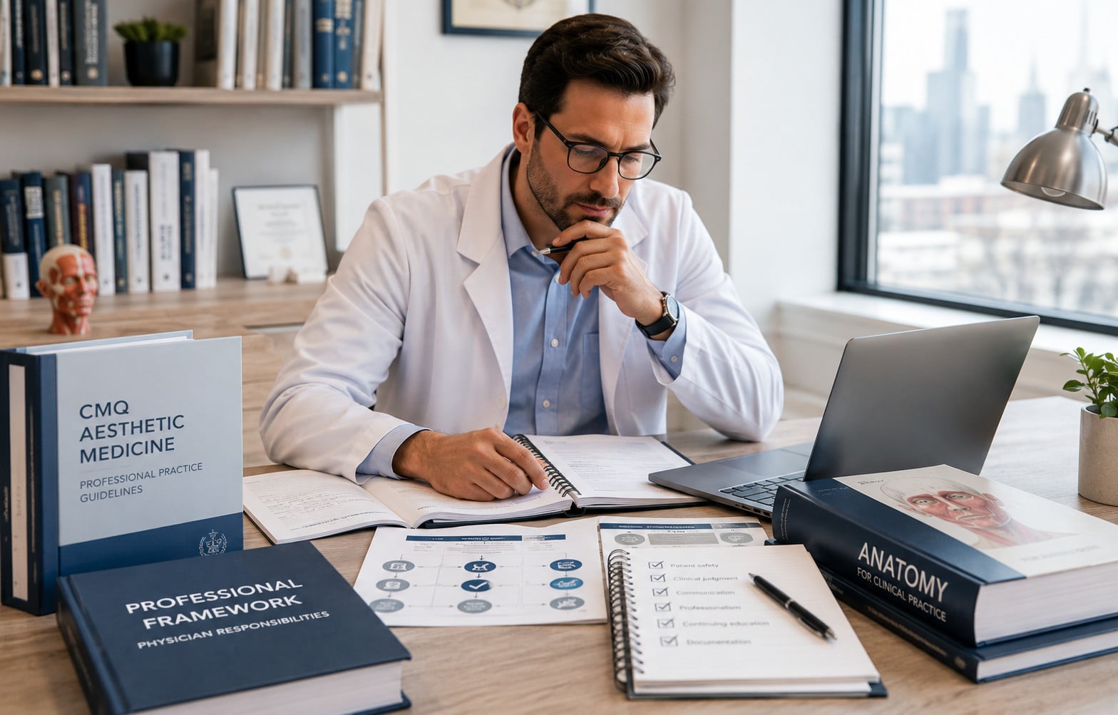 Quebec physician reviewing aesthetic medicine professional framework, anatomy references and clinical education materials