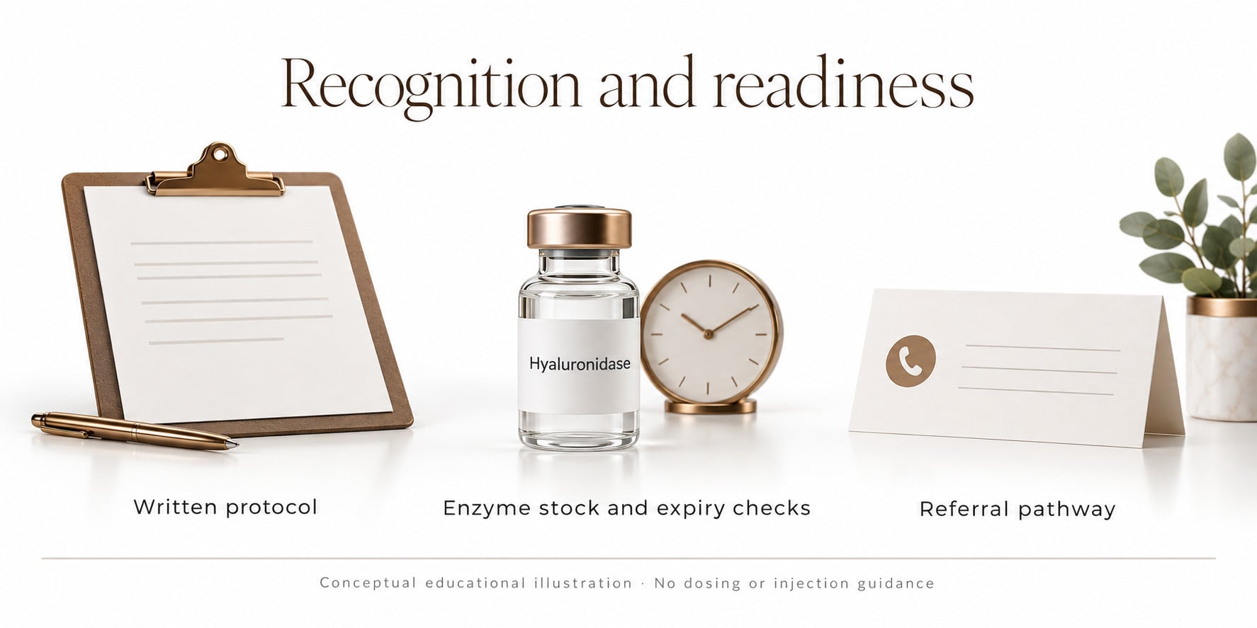 Vascular Occlusion After Hyaluronic Acid Filler Conceptual still-life with a protocol sheet, unbranded hyaluronidase vial, clock and referral card.