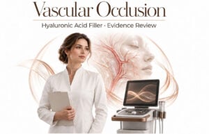 Synthetic clinician beside a conceptual ultrasound device and translucent facial vessel illustration.