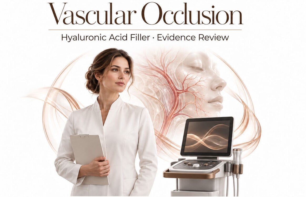 Synthetic clinician beside a conceptual ultrasound device and translucent facial vessel illustration.