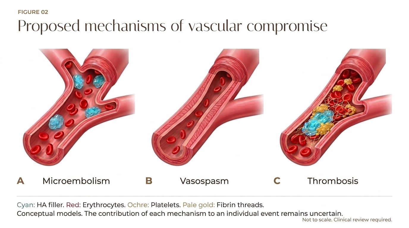 Vascular Occlusion After Hyaluronic Acid Filler Three conceptual vessel cutaways showing intraluminal HA microemboli, a narrowed lumen from vasospasm, and platelet/fibrin thrombosis beside HA filler.