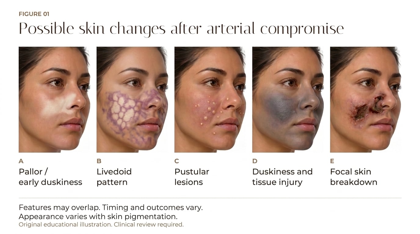 Vascular Occlusion After Hyaluronic Acid Filler Five synthetic face panels illustrating possible pallor, livedoid mottling, pustular lesions, duskiness and focal skin breakdown after arterial compromise.