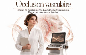 Clinicienne de synthèse à côté d’un appareil d’échographie conceptuel et d’une illustration translucide des vaisseaux du visage.
