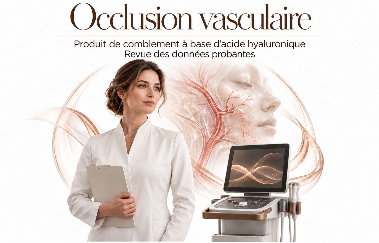 Clinicienne de synthèse à côté d’un appareil d’échographie conceptuel et d’une illustration translucide des vaisseaux du visage.