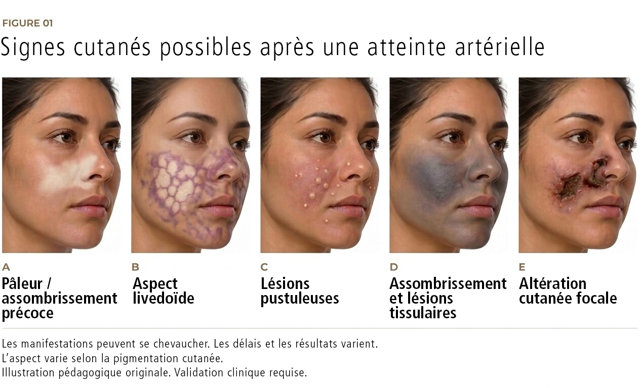 Cinq vues de visages de synthèse illustrant une pâleur possible, des marbrures livedoïdes, des lésions pustuleuses, un assombrissement et une altération cutanée focale après une atteinte artérielle.