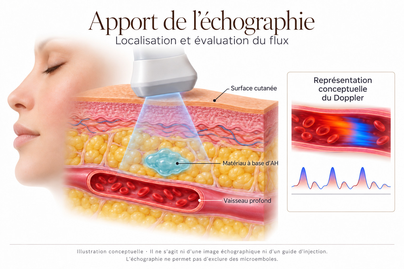 Coupe conceptuelle de la peau du visage avec une sonde d’échographie, un vaisseau profond et du matériel d’AH cyan à côté d’un affichage Doppler abstrait.