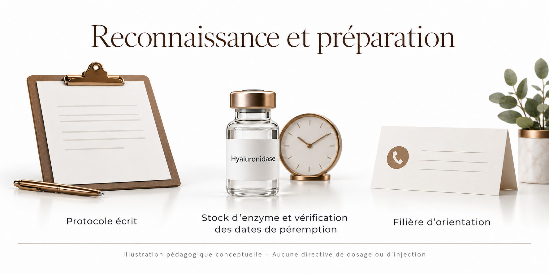 Nature morte conceptuelle comprenant une feuille de protocole, un flacon de hyaluronidase sans marque, une horloge et une carte d’orientation.