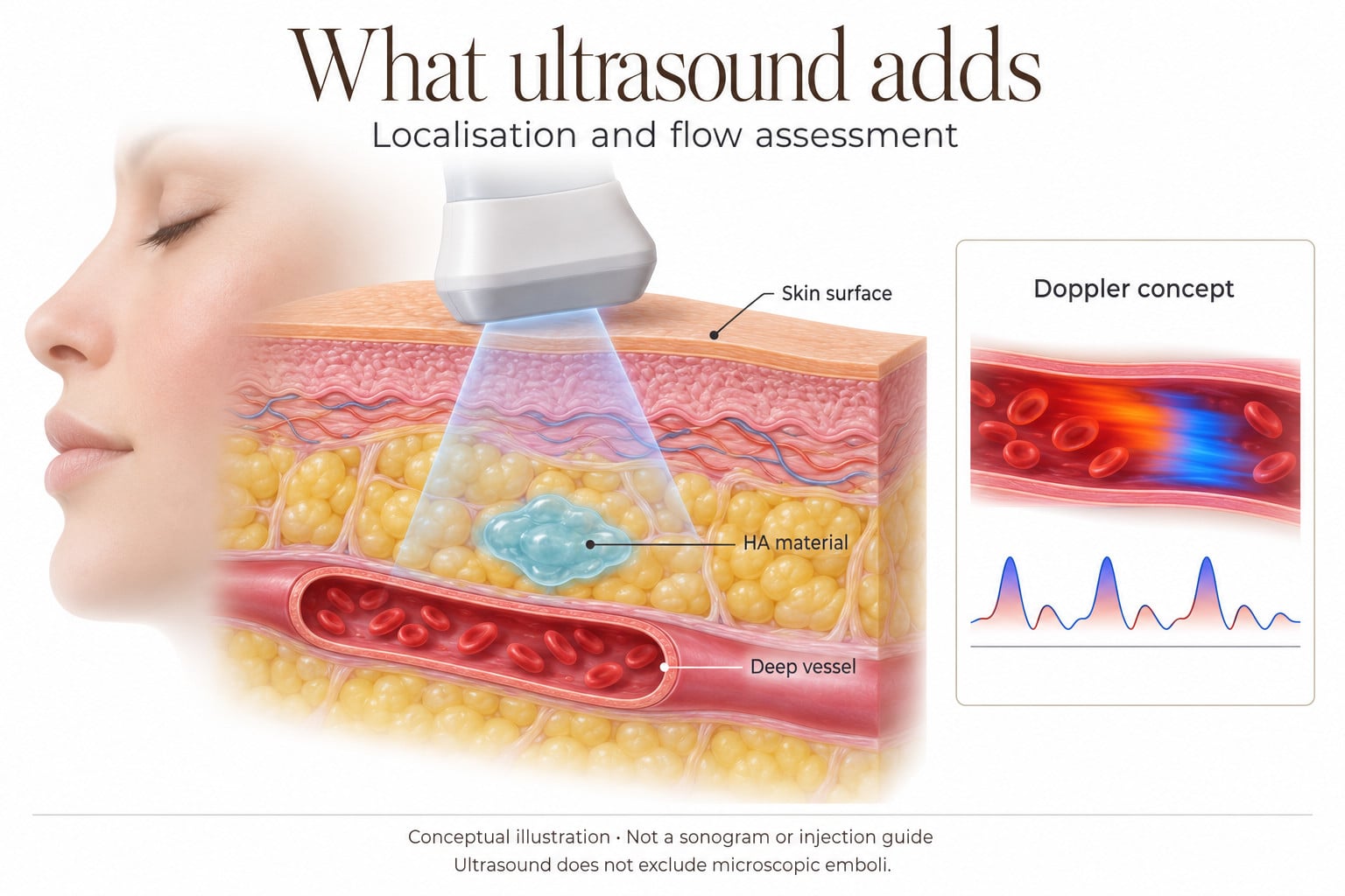 Vascular Occlusion After Hyaluronic Acid Filler Conceptual facial skin cutaway with ultrasound probe, deep vessel and cyan HA material beside an abstract Doppler display.